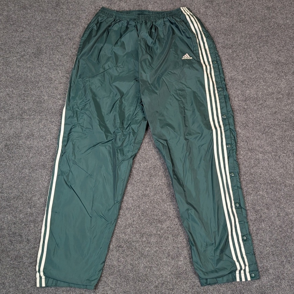 Adidas Vintage Breakaway Track Pants Green White Stripe XL Snap Buttons Nylon